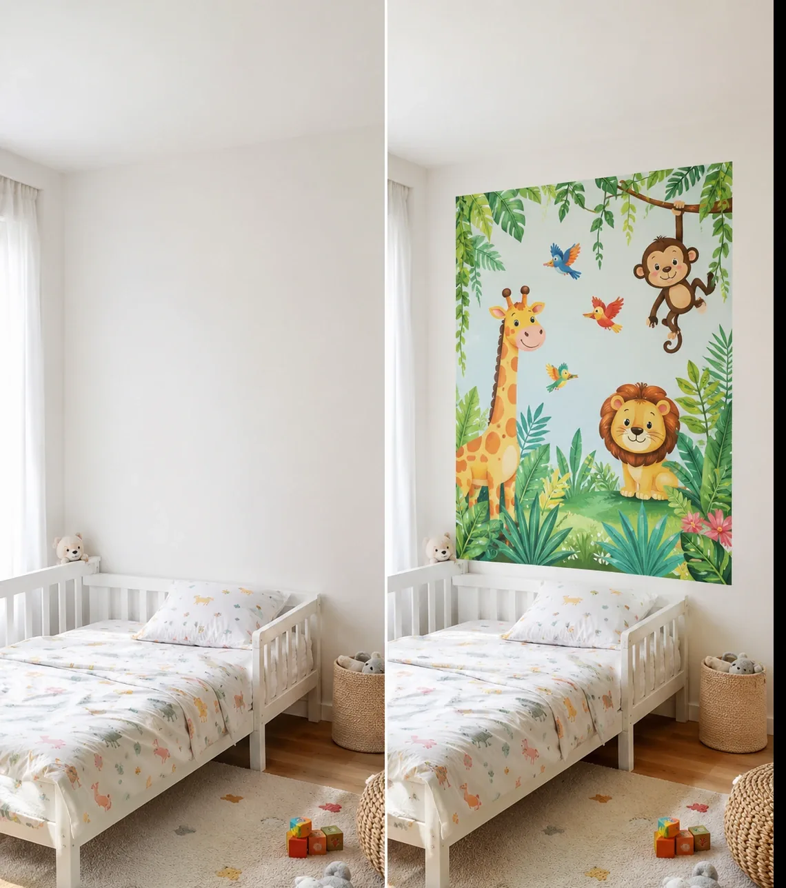 Chambre d'enfant lumineuse avec fresque murale jungle ludique