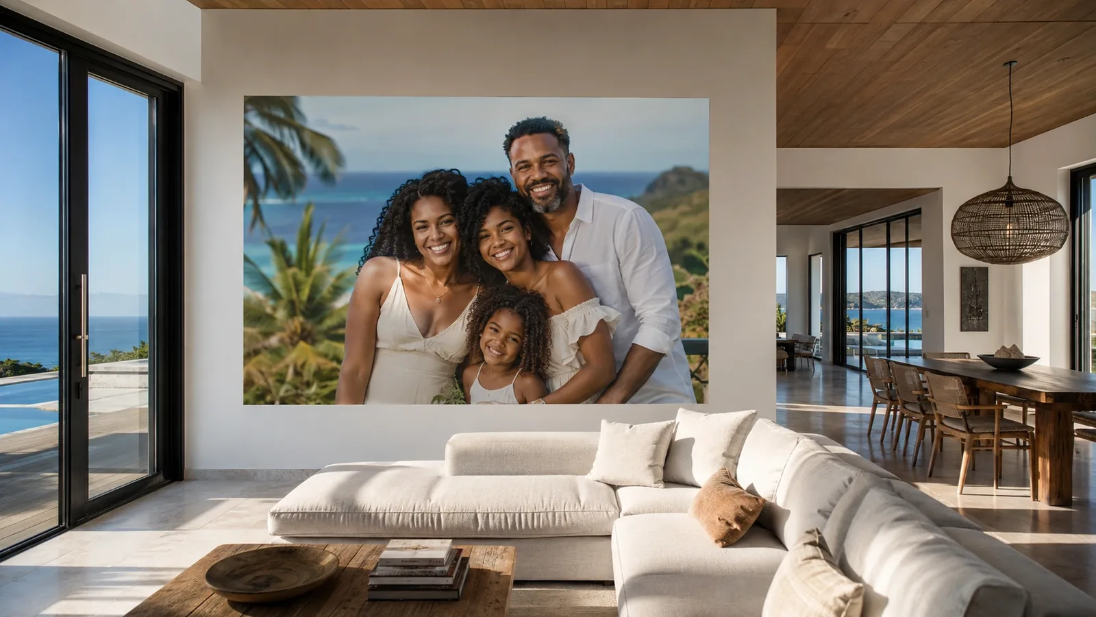 Maison haut de gamme en Martinique avec photo de famille imprimée sur le mur